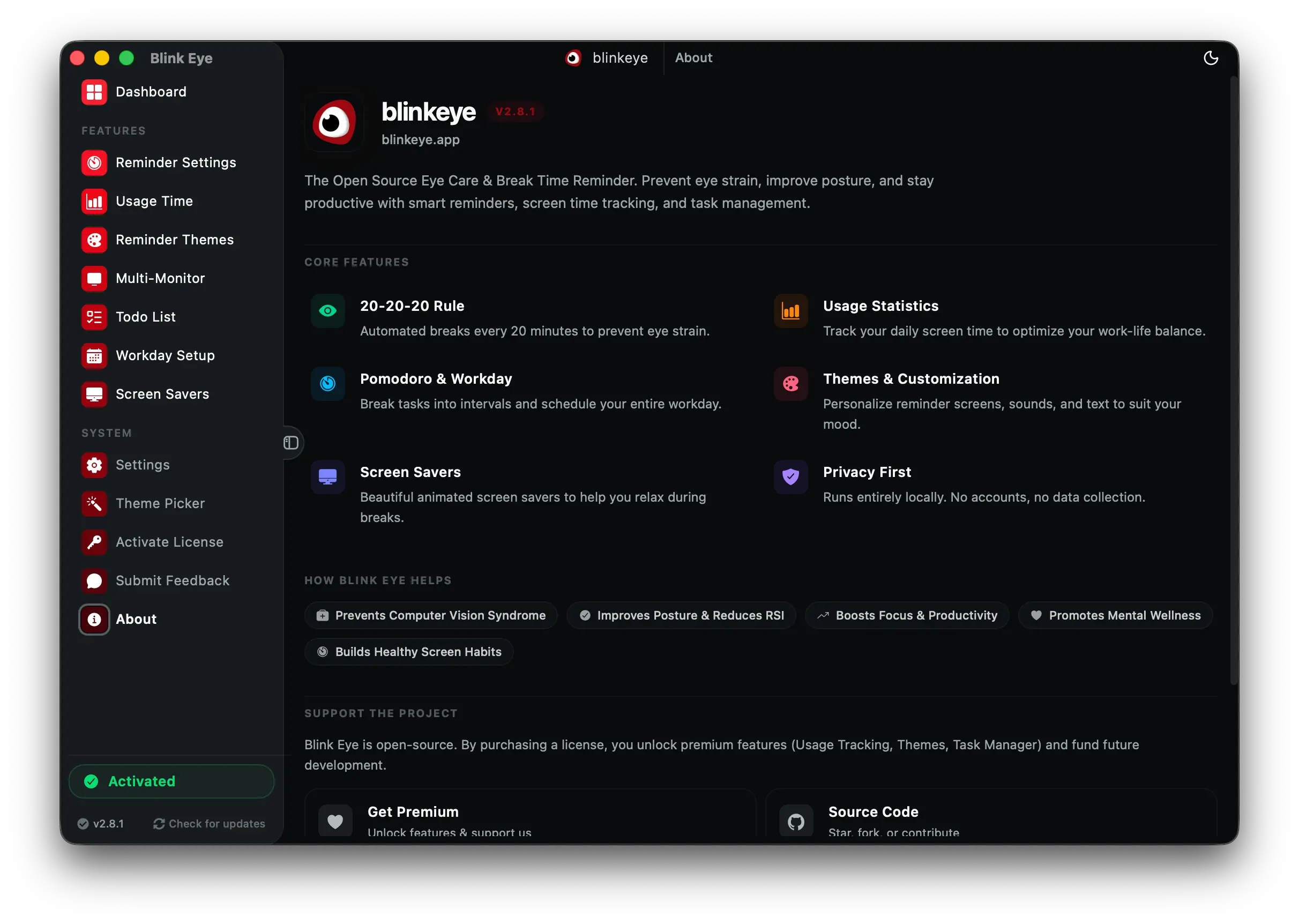 關於: Windows、Mac與Linux免費開源眼睛護理應用 | Blink Eye. 查看版本,一鍵更新,取得協助、文件與GitHub。