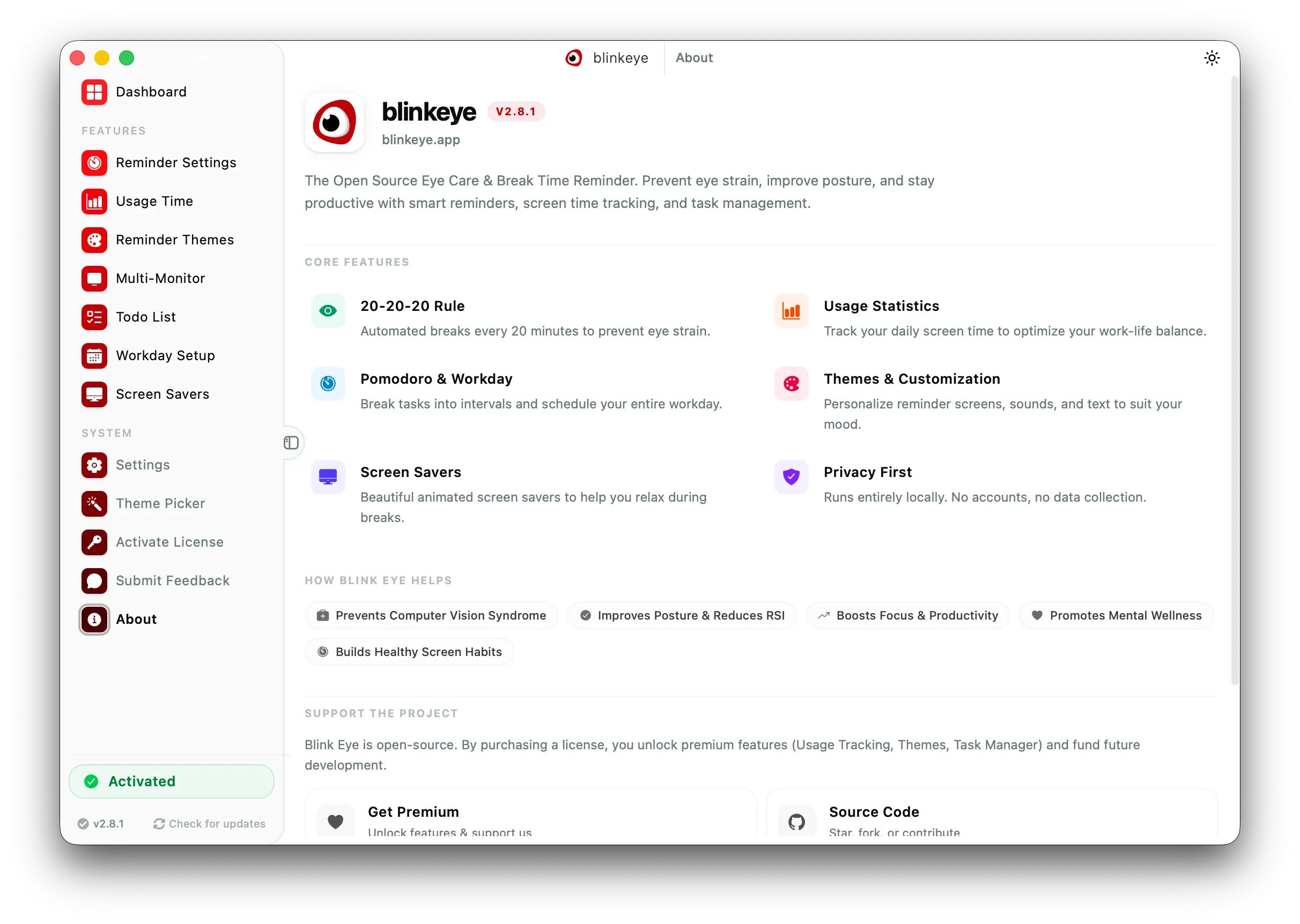 關於: Windows、Mac與Linux免費開源眼睛護理應用 | Blink Eye. 查看版本,一鍵更新,取得協助、文件與GitHub。
